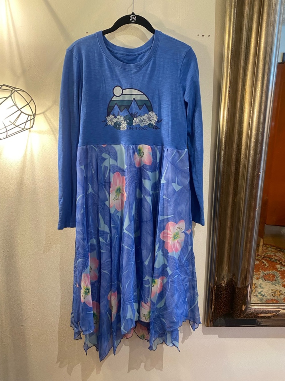 OOAK Upcycled Life is Good Blue Floral Mixed-Media Long Sleeve Dress